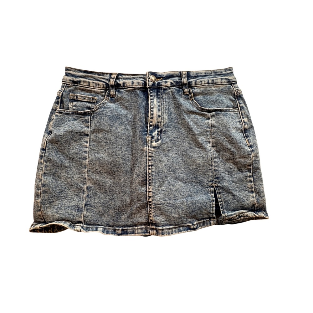 Unbranded Acid Wash Denim Skort Womens Large Blue Stretch Mini Skirt with Slit